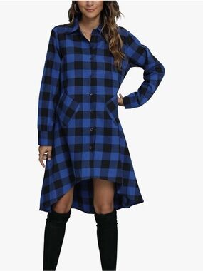 Olrain | Womens Plaid V Neck Long Sleeve Irregular Hem Shirt Dress| Sz XXL